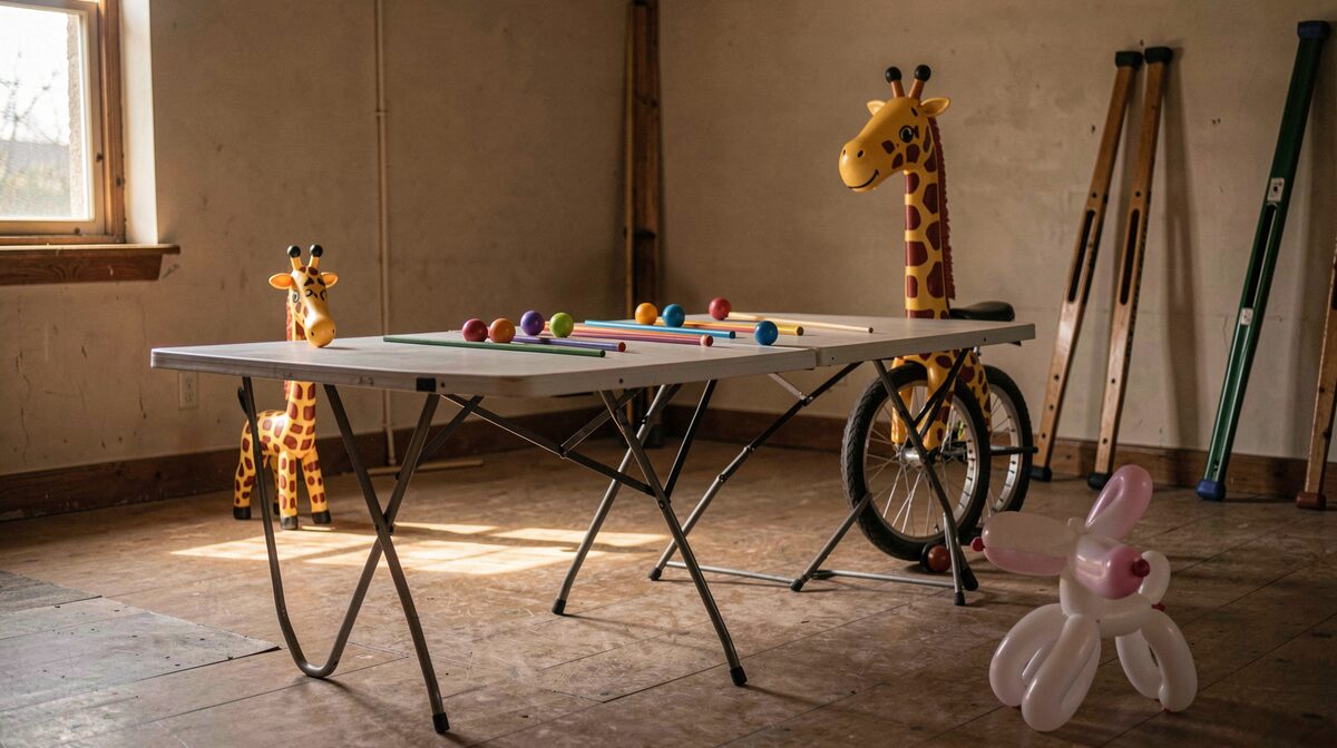 A dim community hall before a birthday party: a folding trick table with juggling props in a row, a giraffe unicycle leaning nearby, stilts against the wall, one balloon dog already twisted, shot at table height in warm side light.