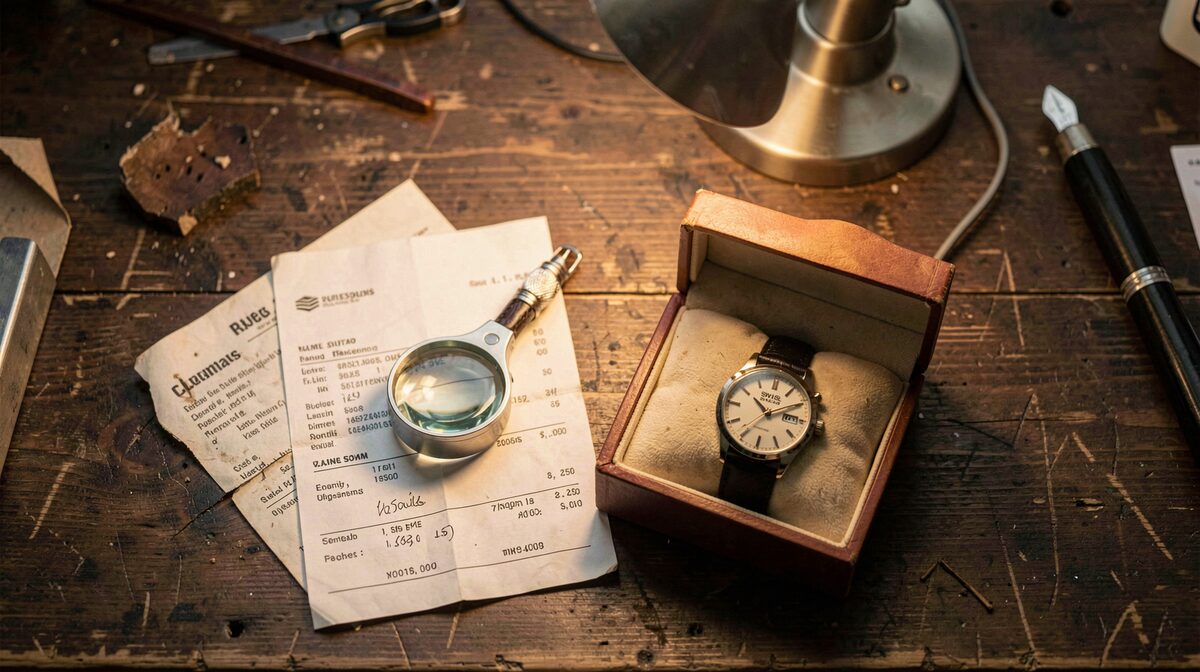 A jeweller's loupe, a paper invoice and a boxed Swiss watch laid out on a dark wooden workbench under a single warm desk lamp, close framing from above.
